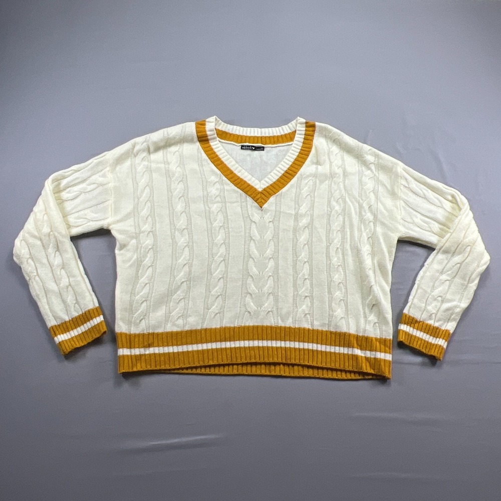 Nikkak Cropped Sweater Women XL White Yellow Cable Knit Striped Trim Long Sleeve